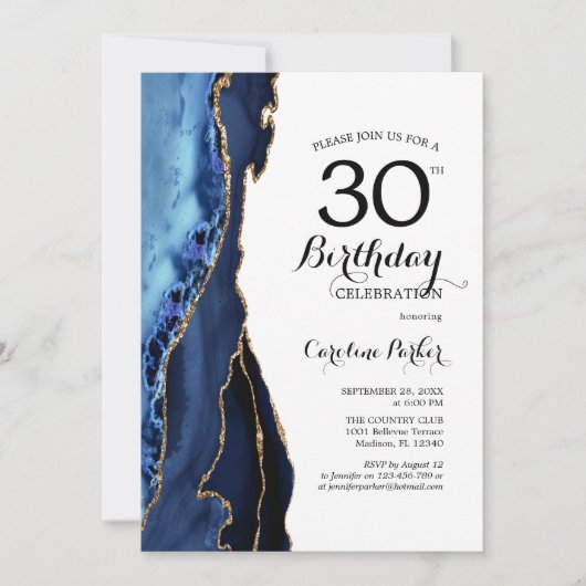Navy Blue Agate Wit Goud 30e Verjaardag Kaart (Voorkant)