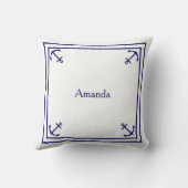 Navy Blue Anchor Border op wit Kussen (Achterkant)