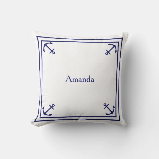 Navy Blue Anchor Border op wit Kussen (Voorkant)