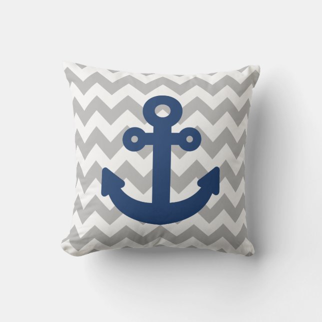 Navy Blue Anchor Light Grey Buitenkussen (Voorkant)