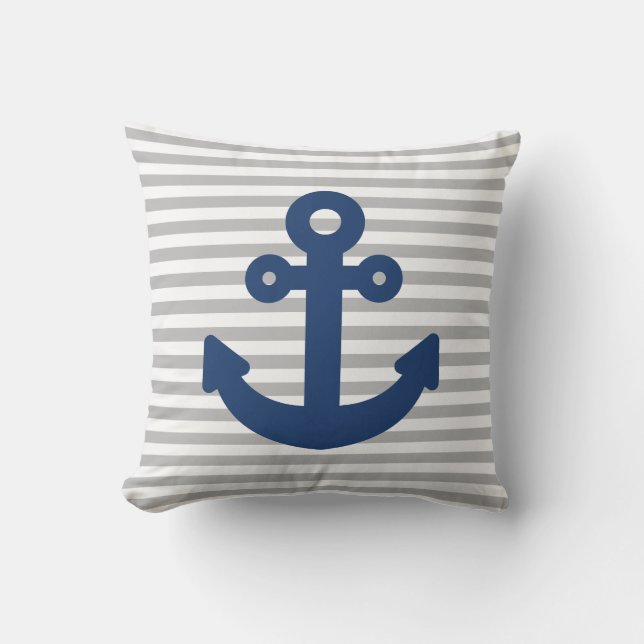 Navy Blue Anchor Light Grey Stripes Buitenkussen (Voorkant)