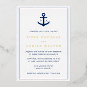 Navy Blue Anchor Monogram Nautical Wedding Gold Folie Uitnodiging (Voorkant)