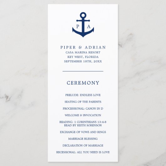 Navy Blue Anchor Monogram Nautical Wedding Programma (Voorkant)