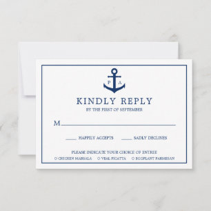 Navy Blue Anchor Monogram Nautical Wedding RSVP Kaartje