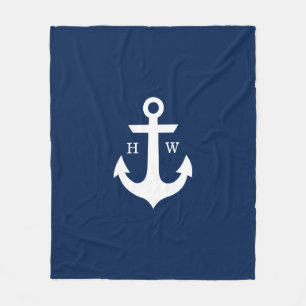 Navy Blue Anchor Nautical Monogram Fleece Deken