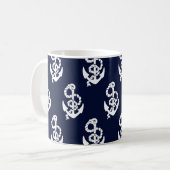 Navy Blue Anchor Nautical Pattern Koffiemok (Voorkant links)