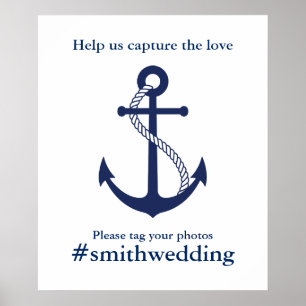 Navy Blue Anchor Nautical Wedding Hashtag Poster