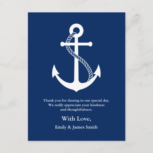 Navy Blue Anchor Nautische bruiloft Dank u Briefkaart (Voorkant)