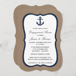 Navy Blue Anchor on Burlap Nautical Verloving Kaart