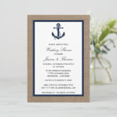 Navy Blue Anchor on Burlap Nautical Wedding Shower Kaart (Staand voorkant)