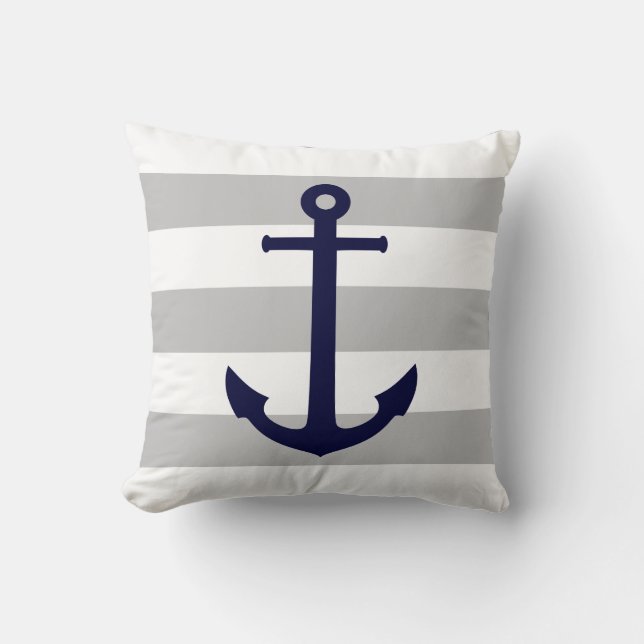 Navy Blue Anchor op grijze en witte strepen Kussen (Voorkant)