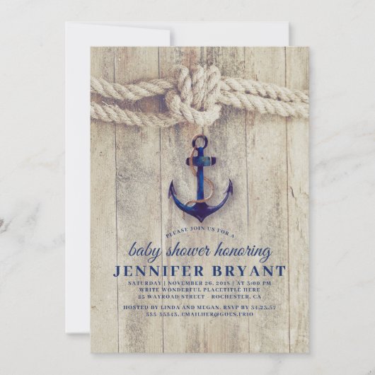 Navy Blue Anchor Rustic Nautical Baby shower Kaart (Voorkant)