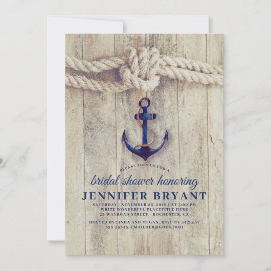 Navy Blue Anchor Rustic Nautical Vrijgezellenfeest Kaart (Voorkant)