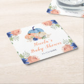 Navy Blue and Blush Floral Pumpkins Baby Shower Vierkante Kartonnen Onderzetter (Schuin)