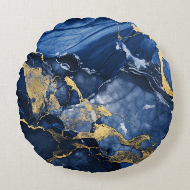Navy Blue and Gold Agate Marble Rond Kussen (Voorkant)