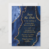 Navy Blue and Gold Agate Marble Save The Date Kaart (Voorkant)