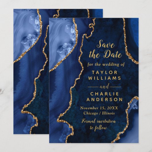 Navy Blue and Gold Agate Marble Save The Date Kaart (Voorkant / Achterkant)