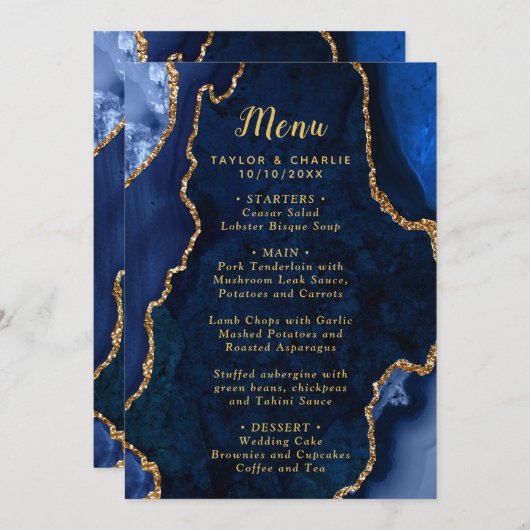 Navy Blue and Gold Agate Marble Wedding Menu (Voorkant / Achterkant)