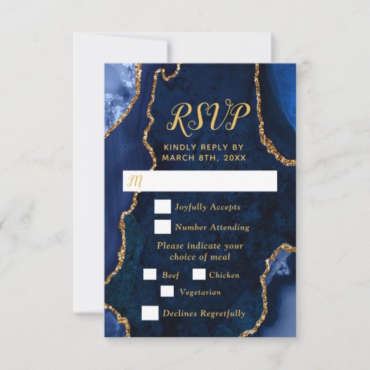 Navy Blue and Gold Agate Wedding Meal Choice RSVP Kaartje (Voorkant)
