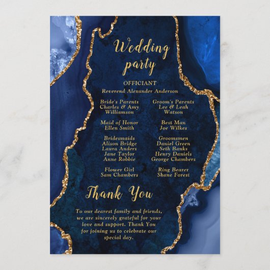 Navy Blue and Gold Agate Wedding Program Programma (Achterkant)