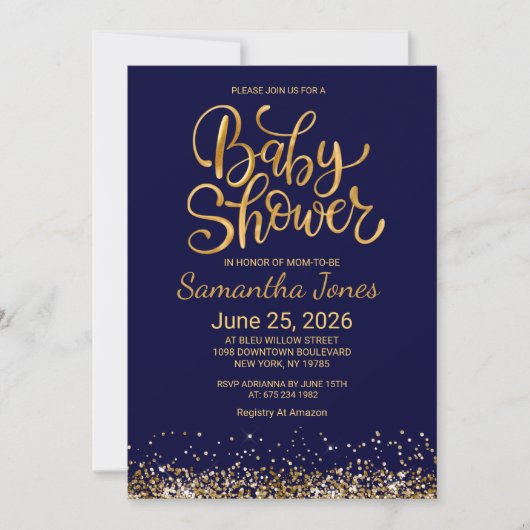 Navy Blue and Gold Baby Shower Invitation Kaart (Voorkant)