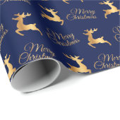 Navy Blue and Gold Christmas Reindeers Cadeaupapier (Rol Hoek)