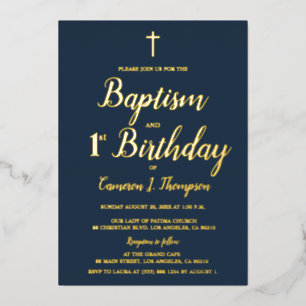 Navy blue and gold cross Baptisme en 1e verjaardag Folie Feestdagenkaart