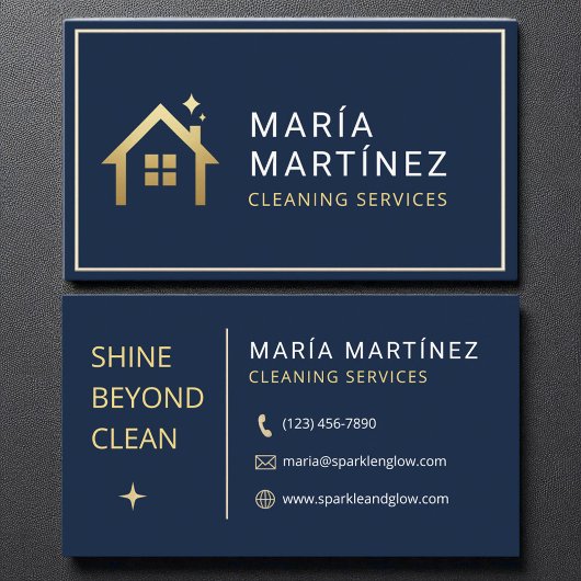 Navy Blue and Gold House Cleaning Services Visitekaartje
