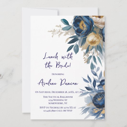 Navy Blue and Gold Peony Lunch With The Bride Kaart (Voorkant)