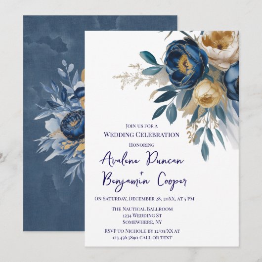Navy Blue and Gold Peony Wedding Celebration Kaart (Voorkant / Achterkant)