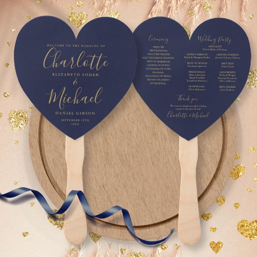 Navy Blue and Gold Script Wedding Program Handwaaier