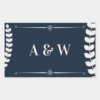 Navy Blue and Ivory Elegant Laurel Monogram Weddin Rechthoekige Sticker
