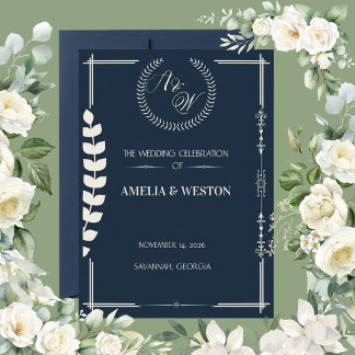 Navy Blue and Ivory Elegant Laurel Wreath Wedding Kaart