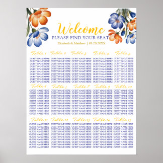 Navy Blue And Orange Floral Wedding Seating Chart Poster
