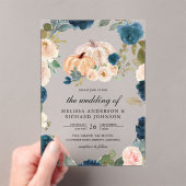 Navy Blue and Peach Floral Pumpkin Wedding Acryl Uitnodigingen (Insitu (Draagbaar))