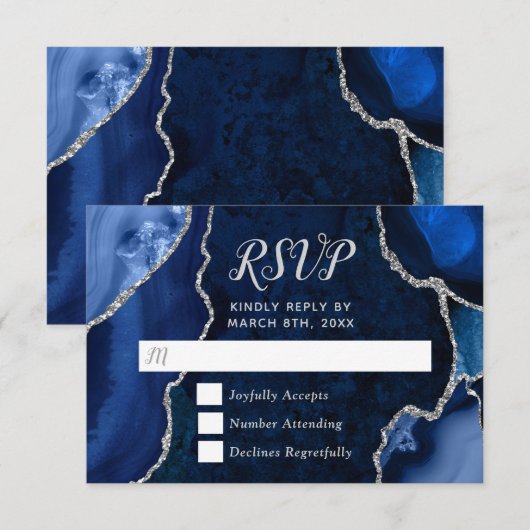 Navy Blue and Silver Agate Marble RSVP Kaartje (Voorkant / Achterkant)