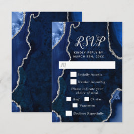 Navy Blue and Silver Agate Wedding Meal Choice RSVP Kaartje