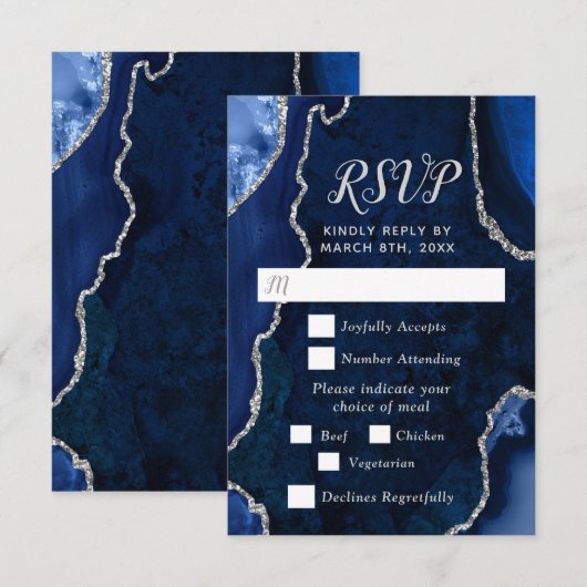 Navy Blue and Silver Agate Wedding Meal Choice RSVP Kaartje (Voorkant / Achterkant)