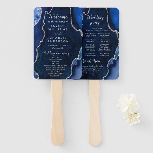 Navy Blue and Silver Agate Wedding Program Handwaaier (Voorkant en achterkant)