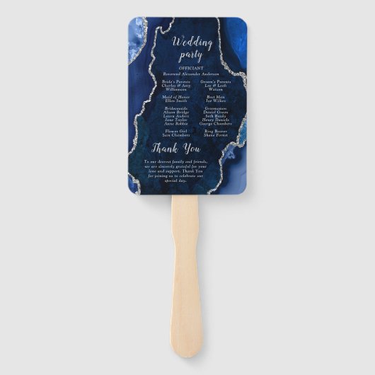 Navy Blue and Silver Agate Wedding Program Handwaaier (Achterkant)