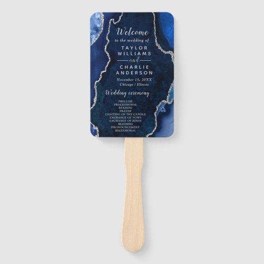 Navy Blue and Silver Agate Wedding Program Handwaaier (Voorkant)