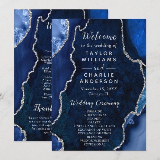 Navy Blue and Silver Agate Wedding Program Programma (Voorkant / Achterkant)