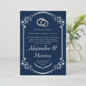 Navy Blue and Silver Wedding Ring Invitation (Debout devant)