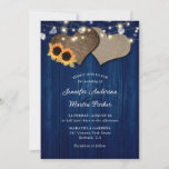 Navy Blue and Sunflower Floral Wedding Invitations<br><div class="desc">Rustic floral wedding invitation featuring two burlap hearts on a barn wood background adorned with sunflowers. Perfect card design for inviting your guests to your navy blue rustic wedding party.</div>
