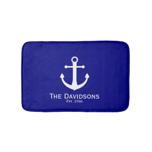 Navy Blue and White Family Name en Est. Anchor Badmat