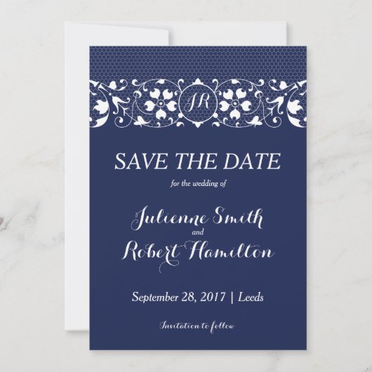 Navy Blue and White Lace Monogram Bewaar de datum Save The Date (Voorkant)