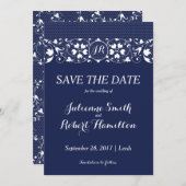 Navy Blue and White Lace Monogram Bewaar de datum Save The Date (Voorkant / Achterkant)