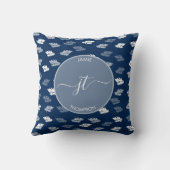 Navy Blue Antiek Leaves Monogram Kussen (Achterkant)