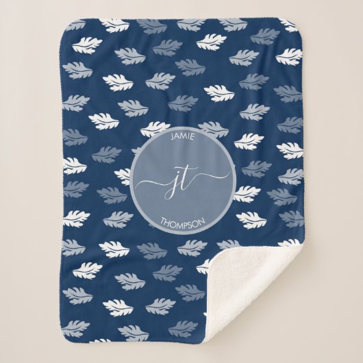 Navy Blue Antiek Leaves Monogram Sherpa Deken (Voorkant)