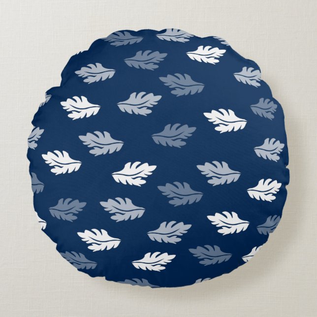 Navy Blue Antiek Leaves Pattern Rond Kussen (Voorkant)